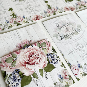 Pink Peonies and White Wood Rustic Gate Fold Wedding Invitation
