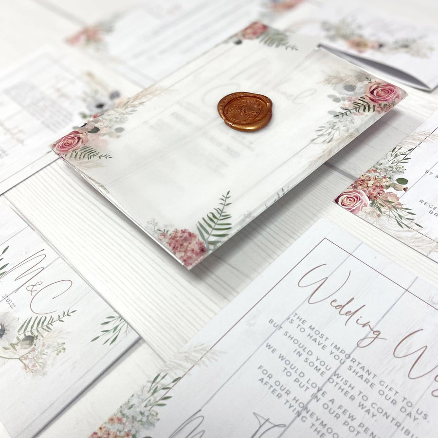 Rustic Boho Flowers, White Wood ,Copper and Dusky Pink Wedding Invitations