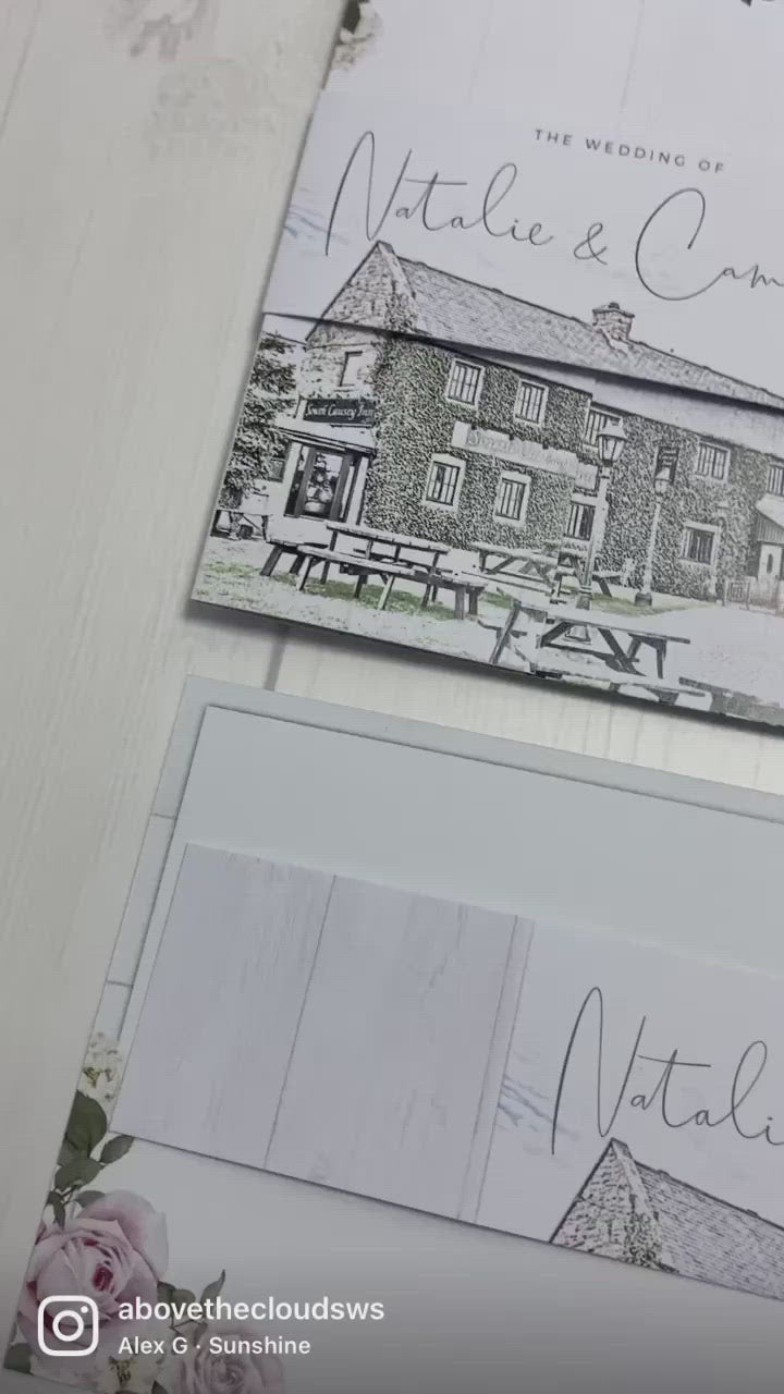 South Causey Inn and The Old Barn Illustration White Wood Gate Fold Wedding Invitation