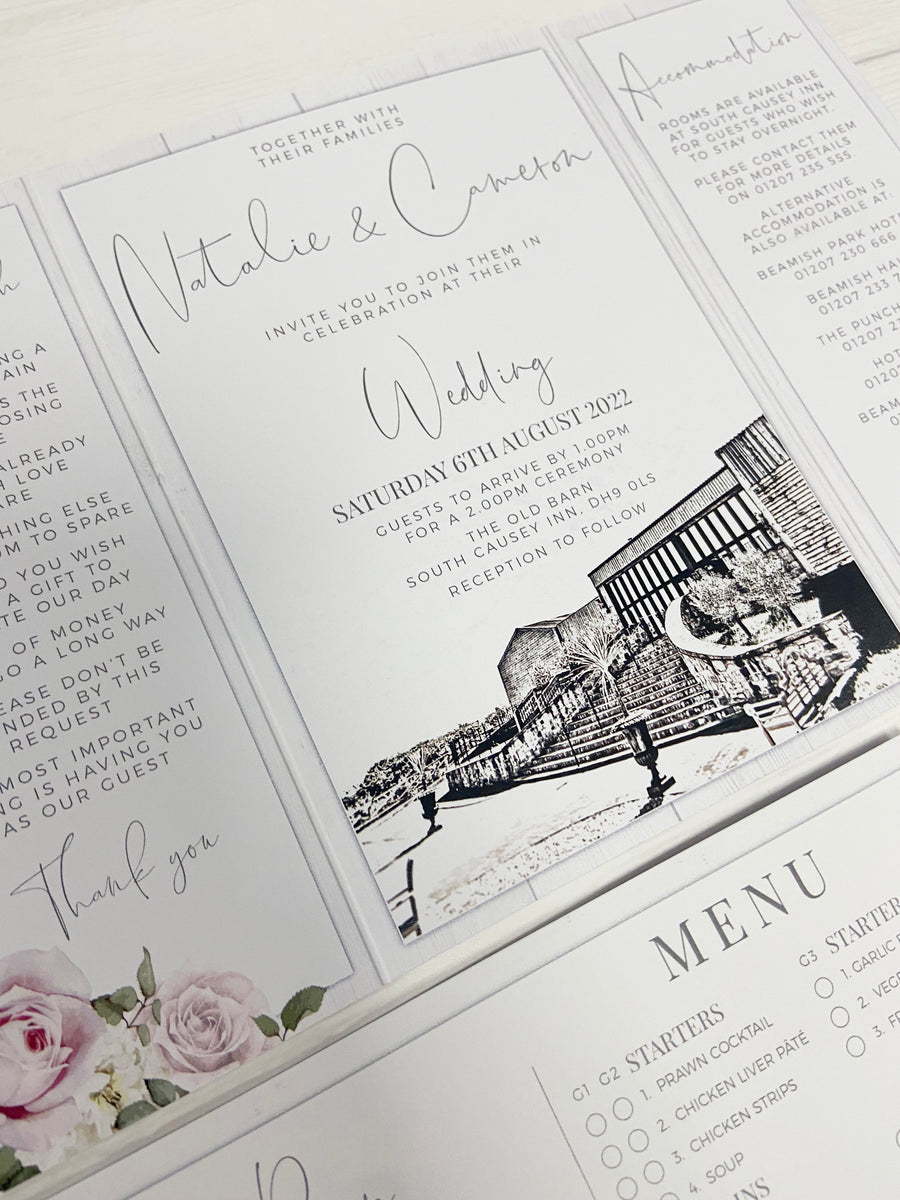 South Causey Inn and The Old Barn Illustration White Wood Gate Fold Wedding Invitation