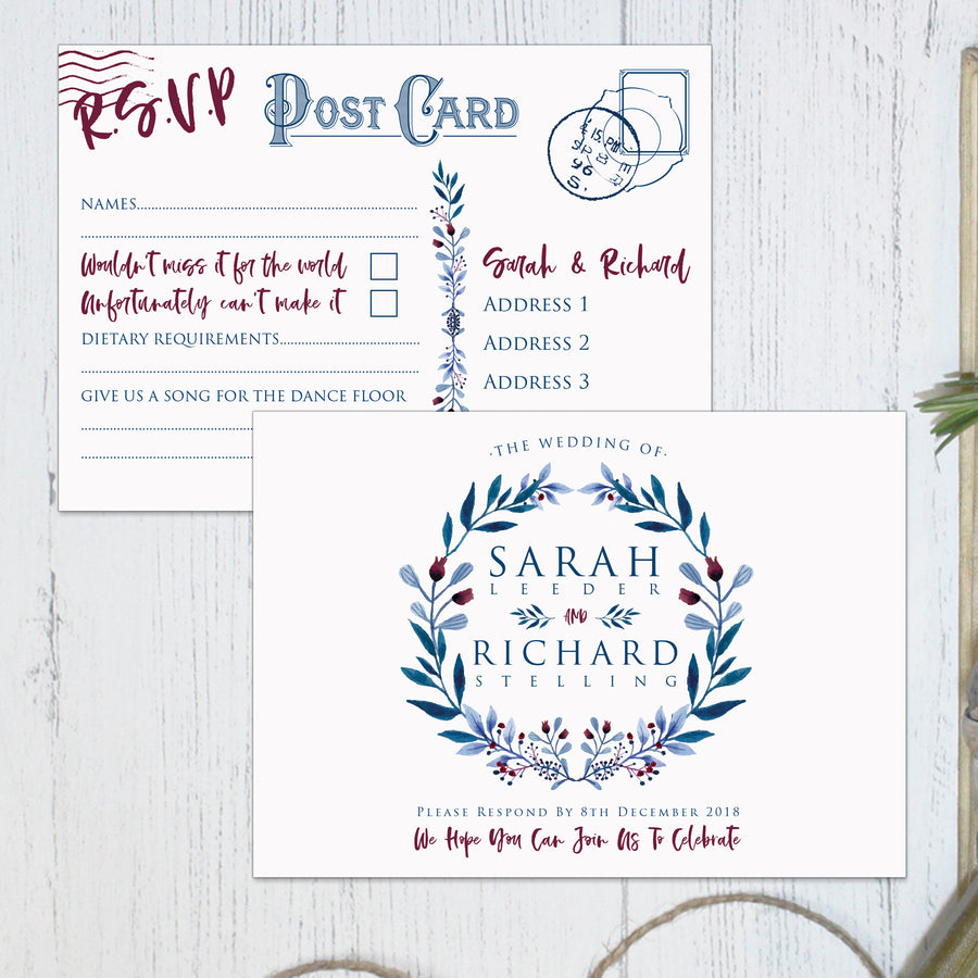 OFF WHITE RED AND BLUE WREATH WEDDING INVITATIONS