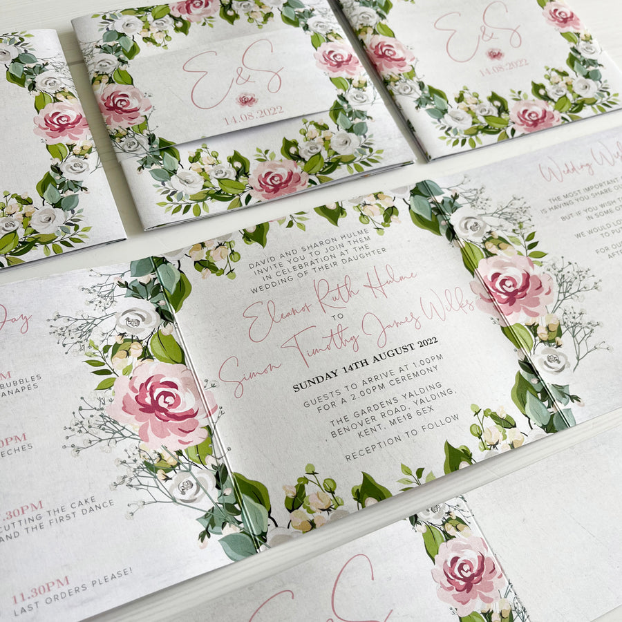Pink, White and Green Floral and Foliage Wreath with Vintage Texture Sqaure Folded Wedding Invitations