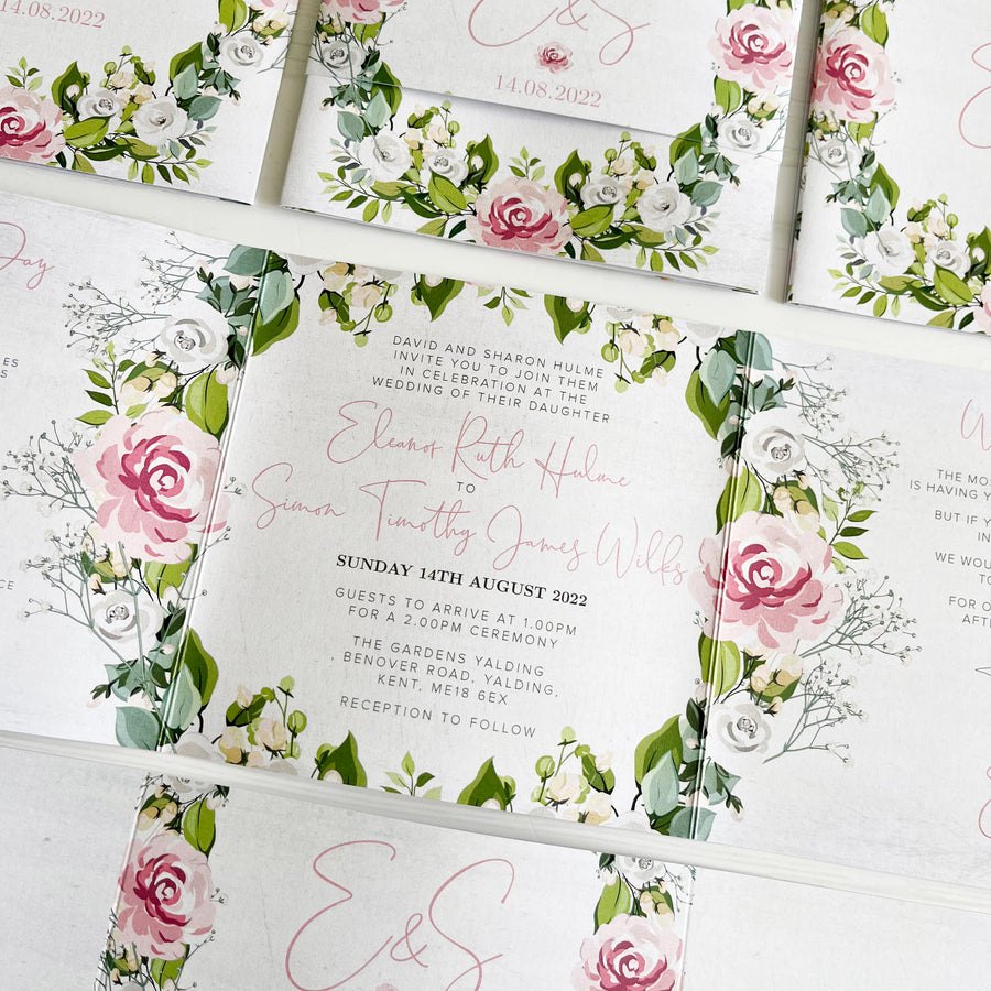 Pink, White and Green Floral and Foliage Wreath with Vintage Texture Sqaure Folded Wedding Invitations