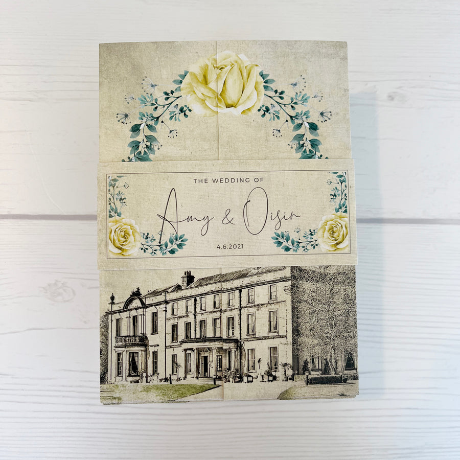 Beamish Hall Building Illustration with Lemon Gate Fold Wedding Invitation