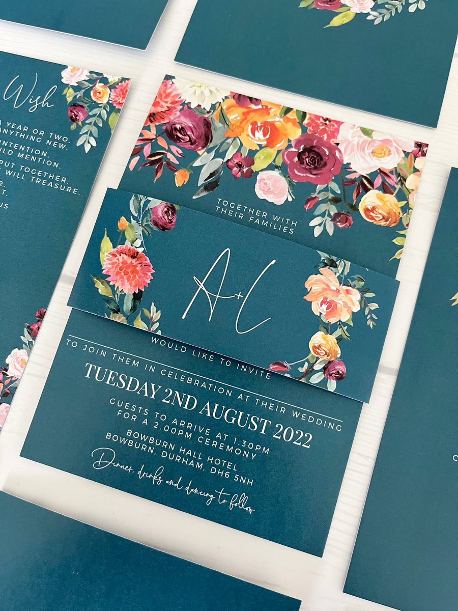 Vibrant Teal Green and Bright Floral Wedding Invitations