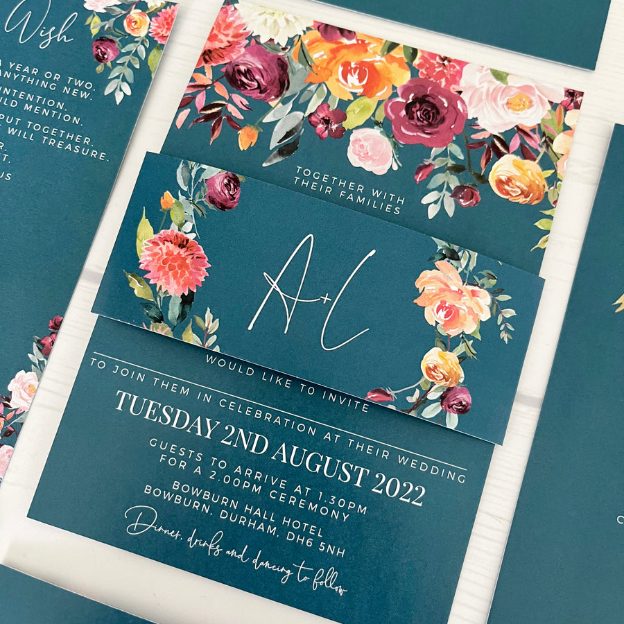 Vibrant Teal Green and Bright Floral Wedding Invitations