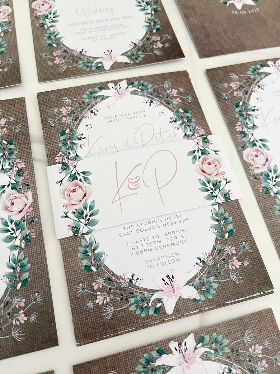 Pink and Green Floral Frame with Hessian Backgroud Wedding Invitations