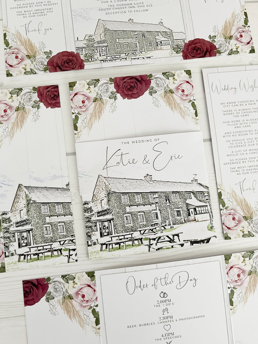 South Causey Inn Illustration with Deep Red Roses and White Wood Gate Fold Wedding Invitation