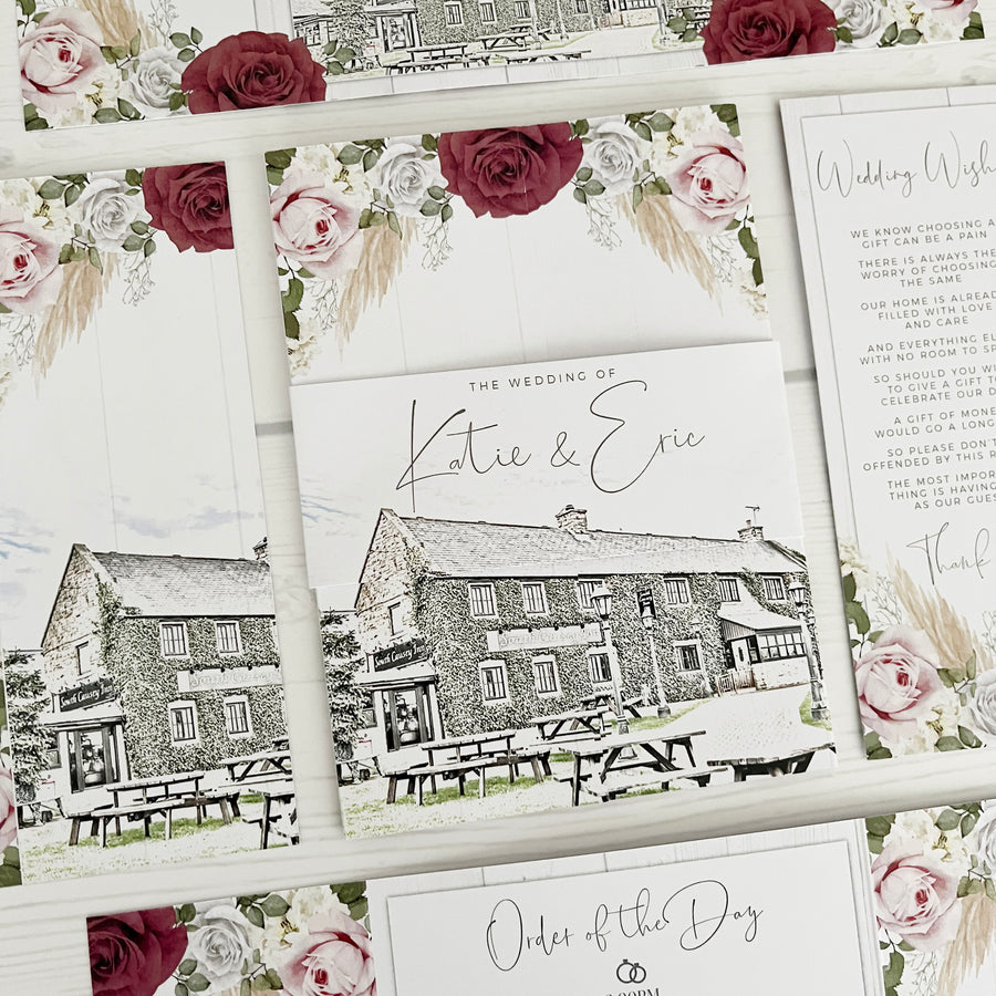 South Causey Inn Illustration with Deep Red Roses and White Wood Gate Fold Wedding Invitation