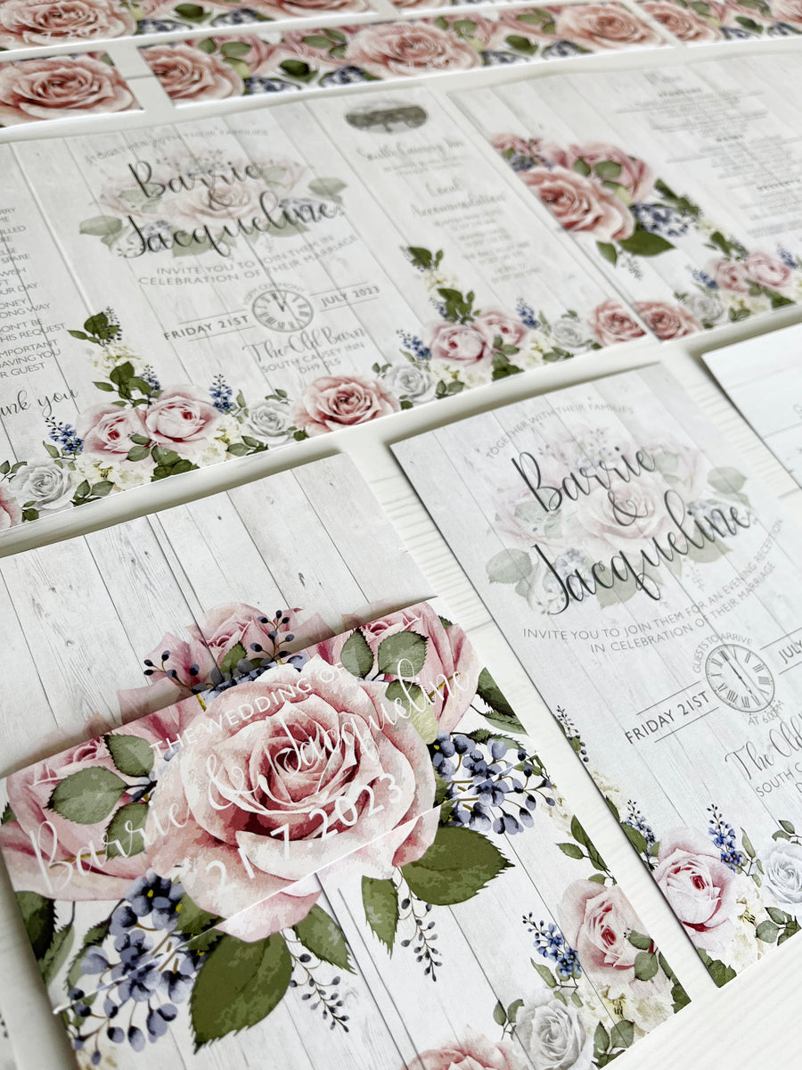 Pink Peonies and White Wood Rustic Gate Fold Wedding Invitation