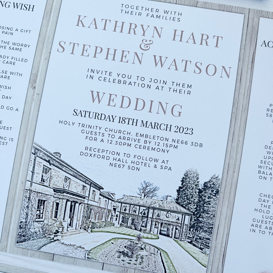 Doxford Hall Building Illustration Gate Fold Wedding Invitation