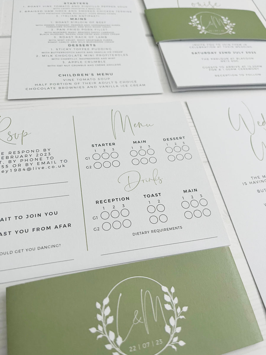 Simple White, Green and Grey Text Based Wedding Invitations with Foliage Motif