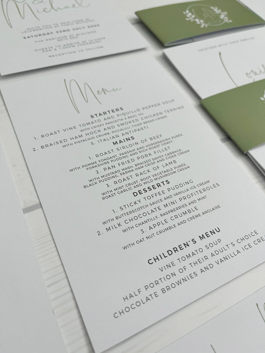 Simple White, Green and Grey Text Based Wedding Invitations with Foliage Motif