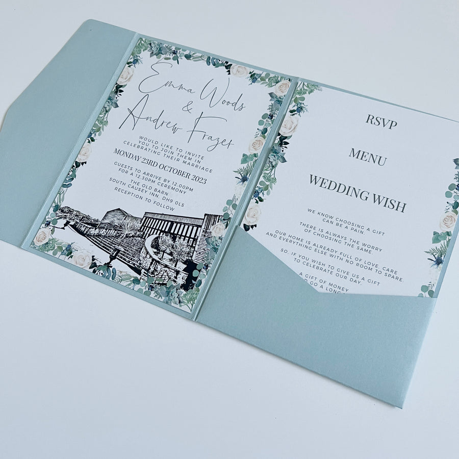 South Causey Inn Old Barn Illustration Floral Border Blue Pocketfold Wedding Invitation
