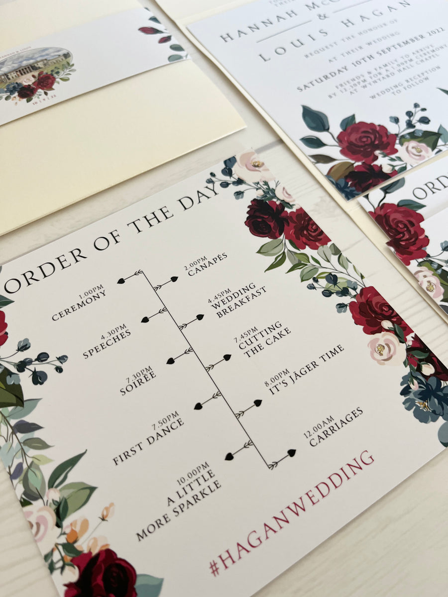Deep Red, Blue and White Floral Venue Illustration Pocketfold Wedding Invitation