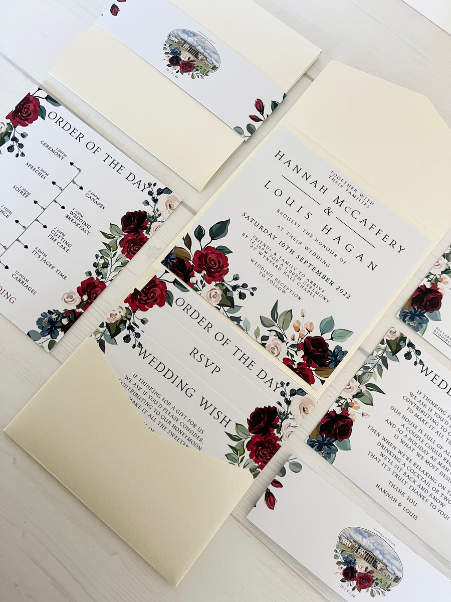 Deep Red, Blue and White Floral Venue Illustration Pocketfold Wedding Invitation