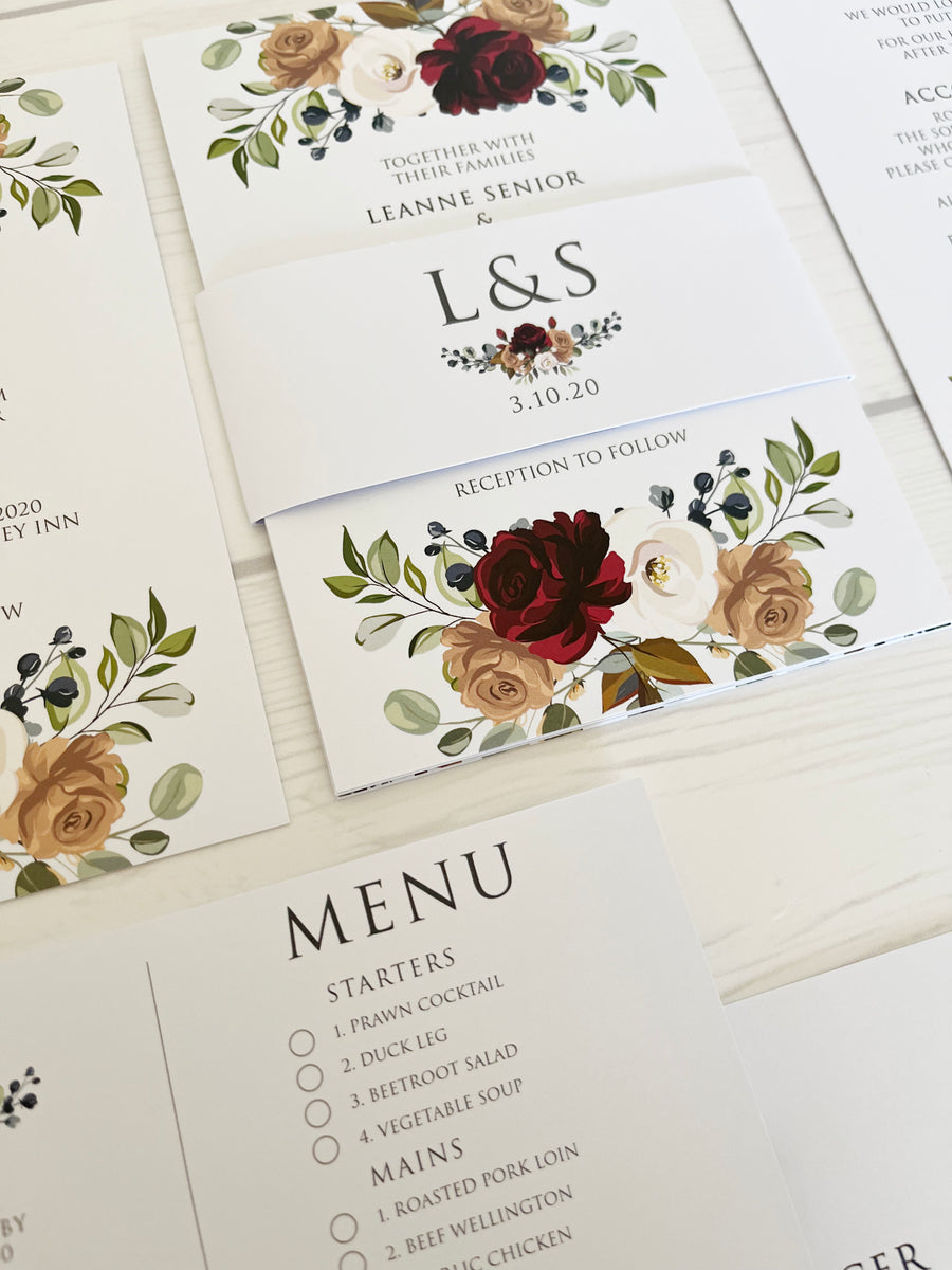 Roses and Foliage on White Floral Wedding Invitations