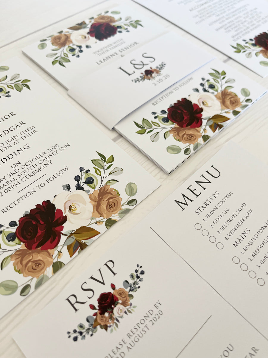 Roses and Foliage on White Floral Wedding Invitations