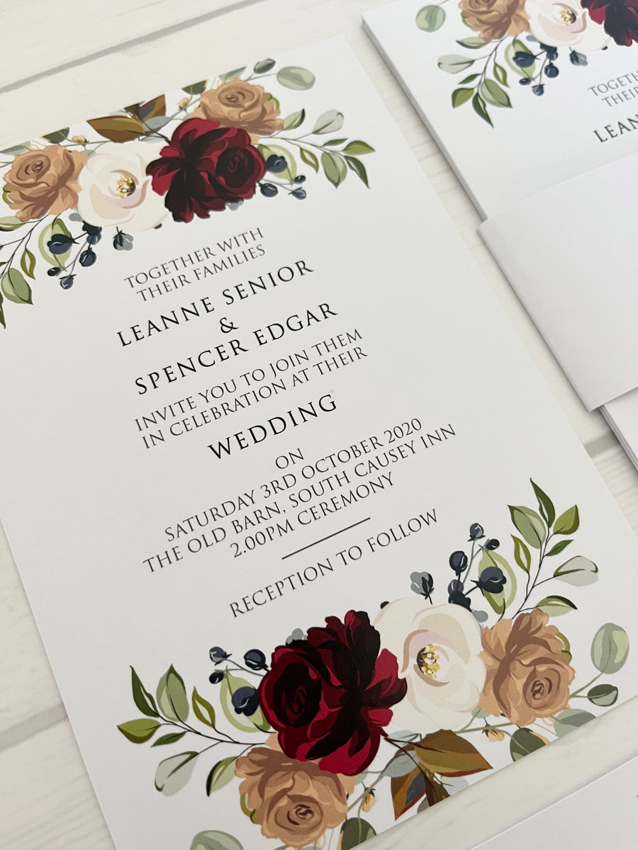 Roses and Foliage on White Floral Wedding Invitations