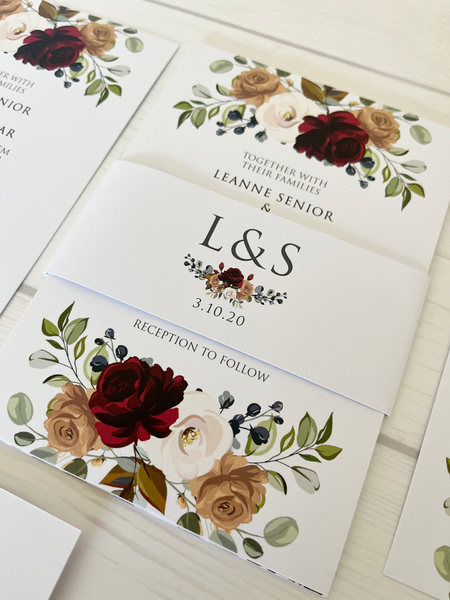 Roses and Foliage on White Floral Wedding Invitations