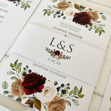 Roses and Foliage on White Floral Wedding Invitations