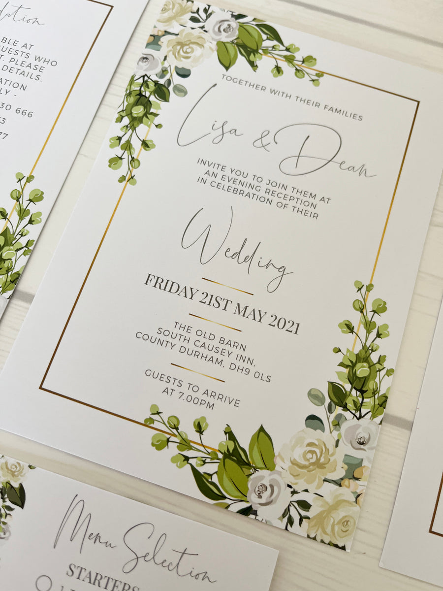 White Flowers, Green Foliage with Gold Effect Frame Wedding Invitations