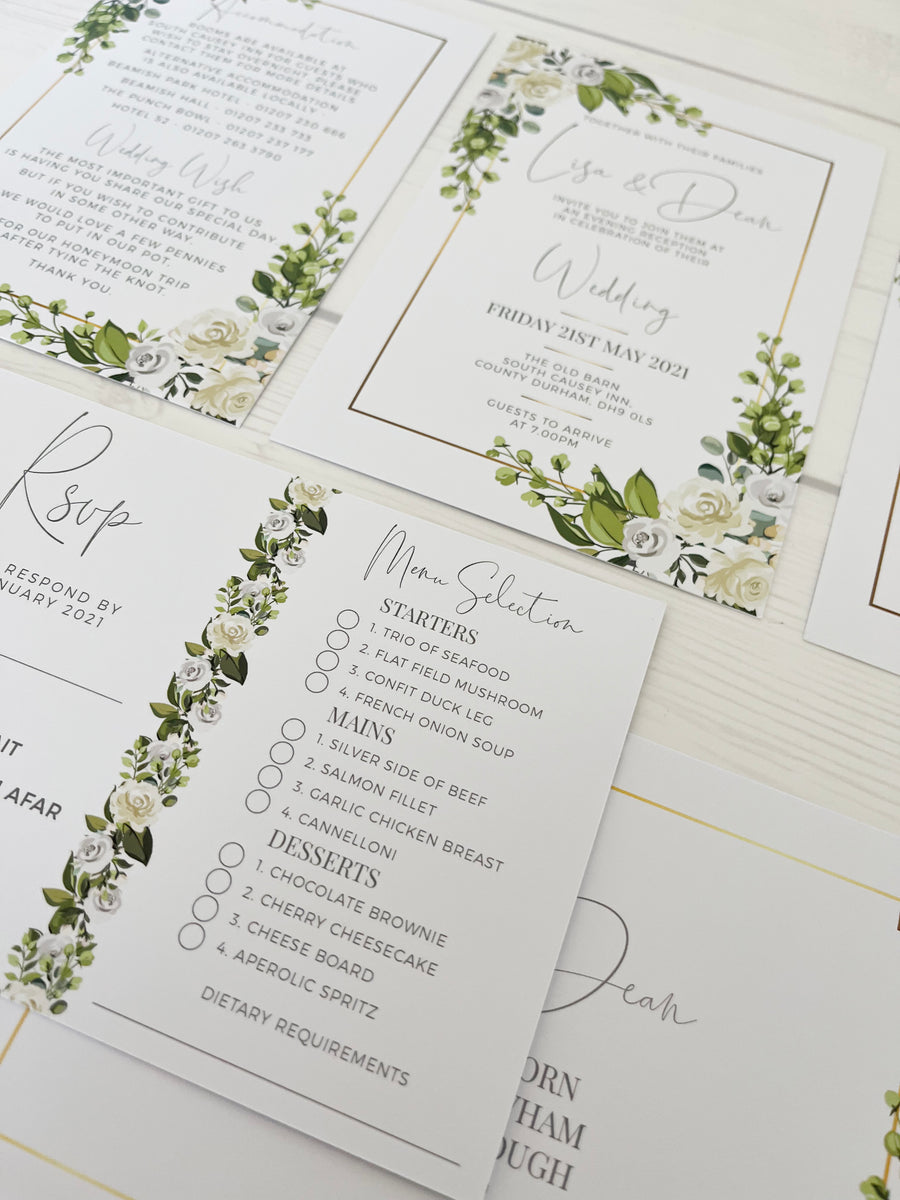 White Flowers, Green Foliage with Gold Effect Frame Wedding Invitations