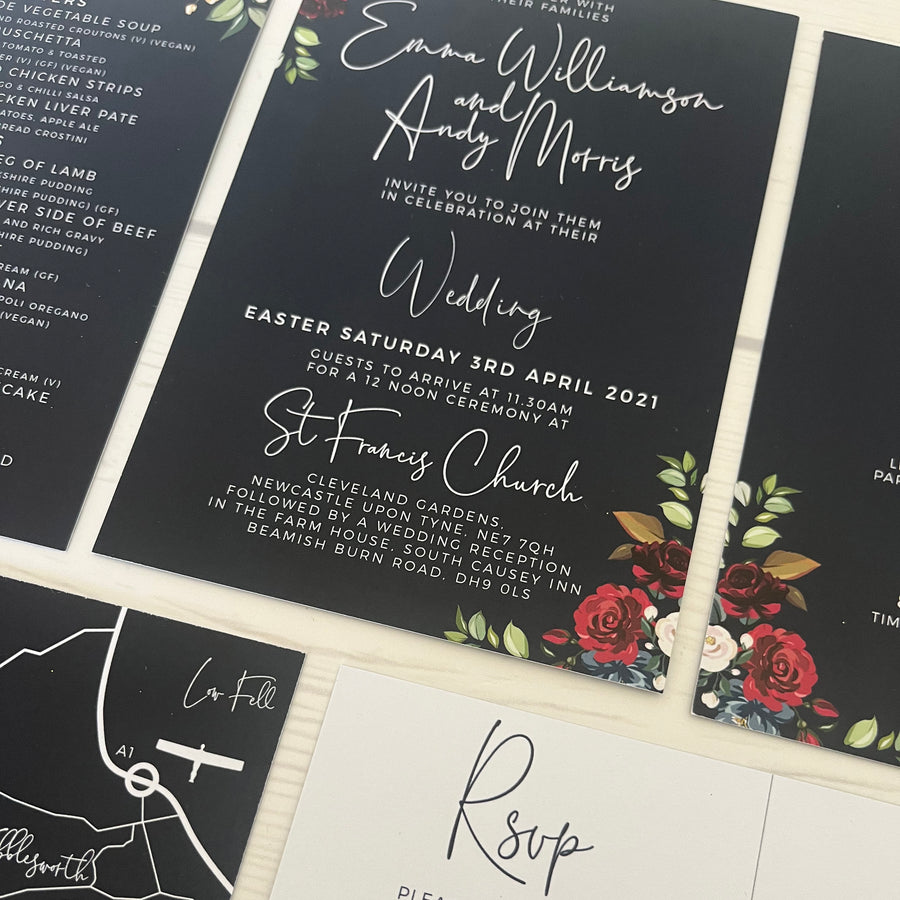 Dark Blue with Vibrant Red Flowers Wedding Invitations