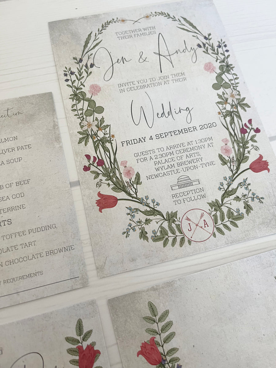 Wild Flowers with Foliage and Vintage Texture Background Wedding Invitations