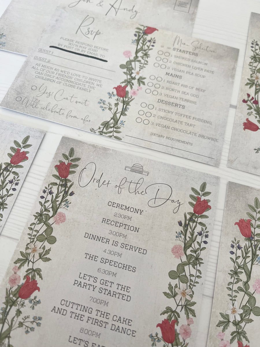 Wild Flowers with Foliage and Vintage Texture Background Wedding Invitations