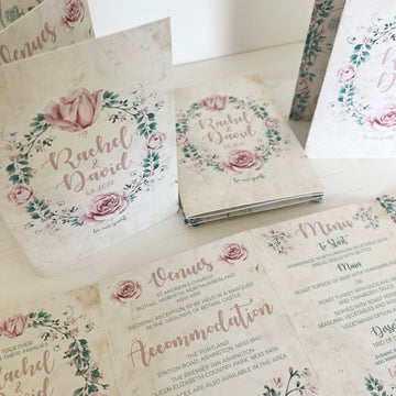 Rustic Blush Pink Peonie and Green Foliage Concertina Folded Wedding Invitation Concertina Invite