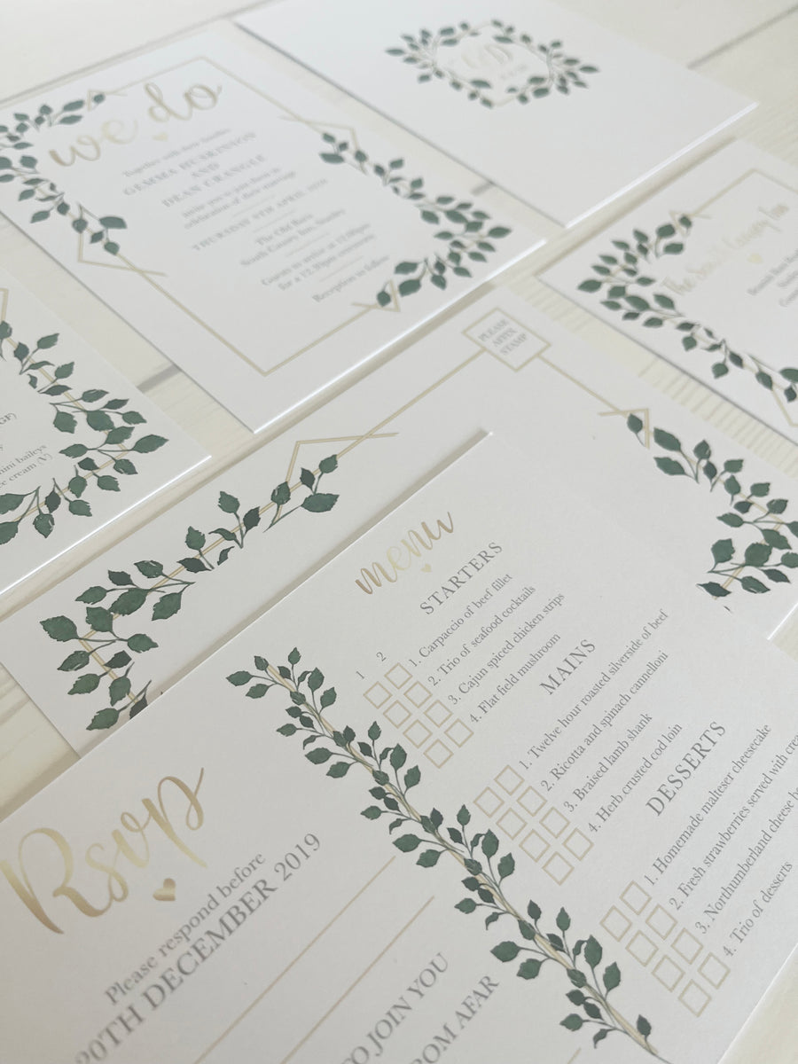 We Do Gold Effect Frame with Foliage Wedding Invitations