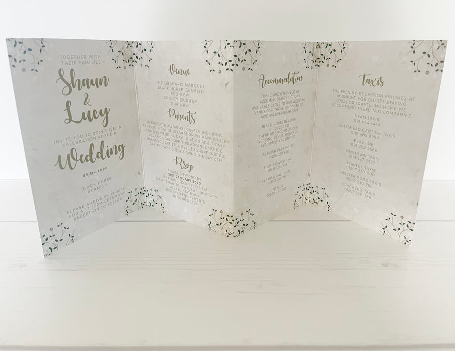 White and Gold Gypsophila with Vintage Texture Background Concertina Wedding Invitations