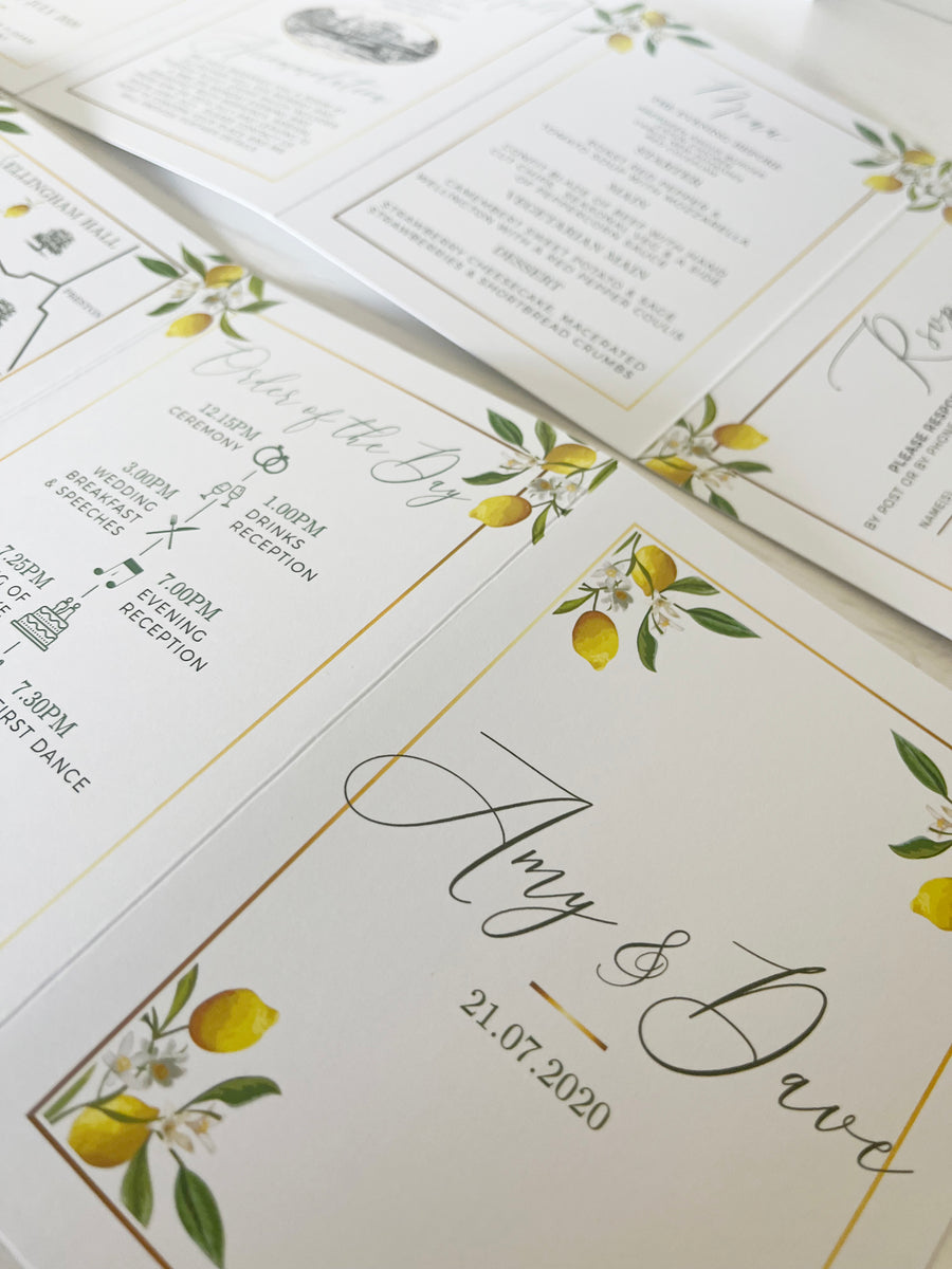 Lemons and Foliage with Gold Effect Border Concertina Wedding Invitations