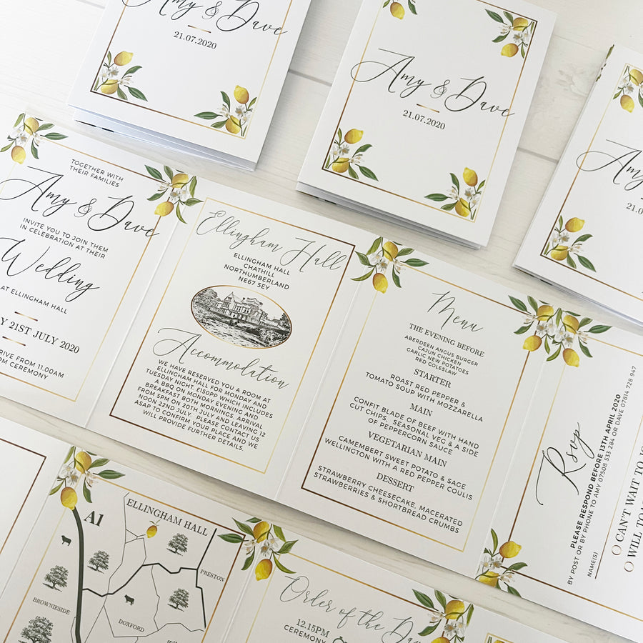 Lemons and Foliage with Gold Effect Border Concertina Wedding Invitations