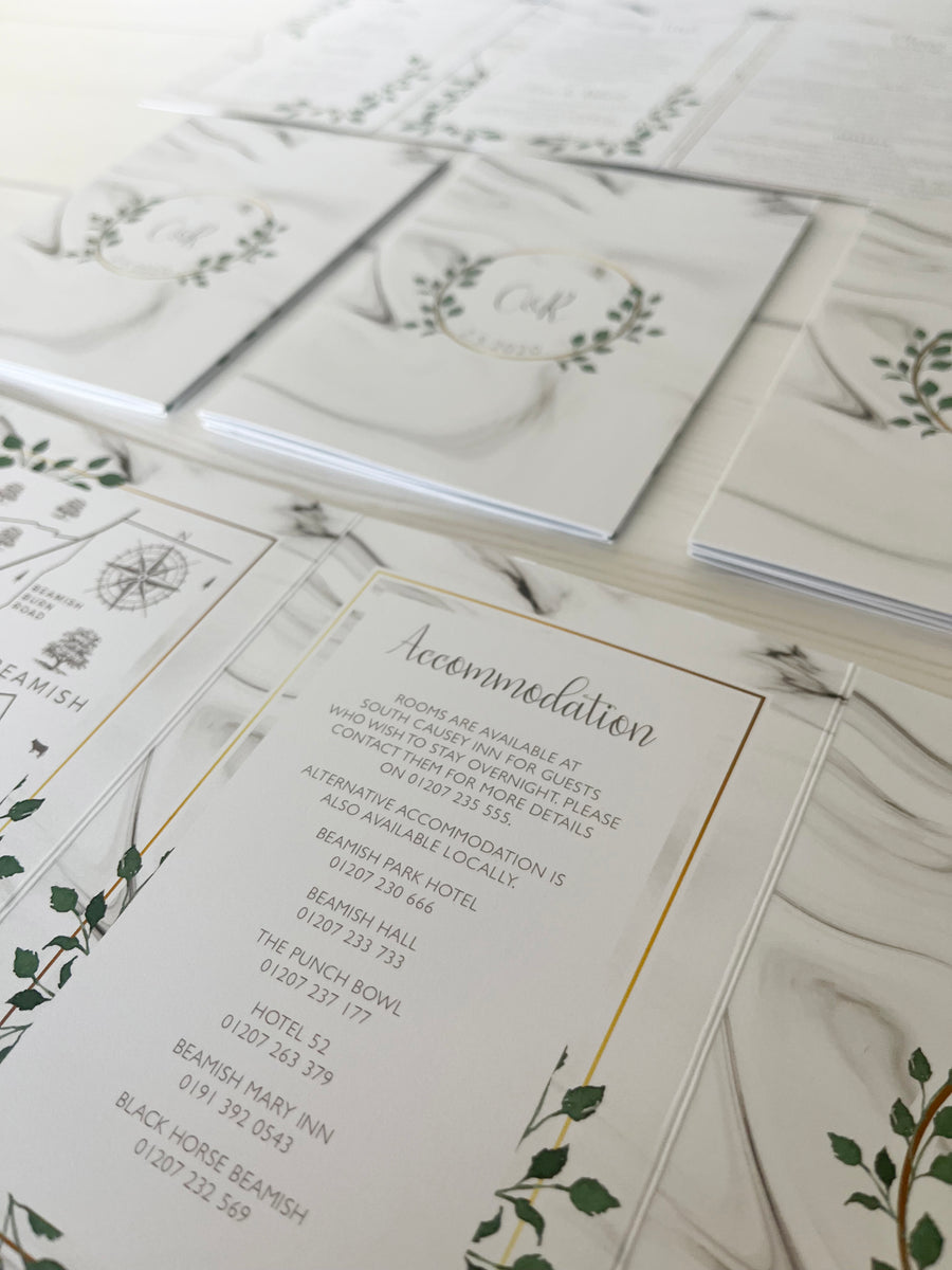 Foliage and Gold Effect Border with Marble Background Concertina Wedding Invitations