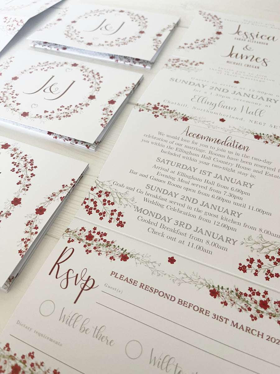 Gypsophila and Deep Red on White Floral Concertina Wedding Invitations