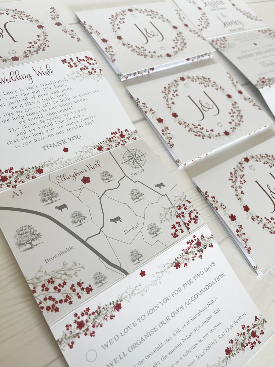 Gypsophila and Deep Red on White Floral Concertina Wedding Invitations