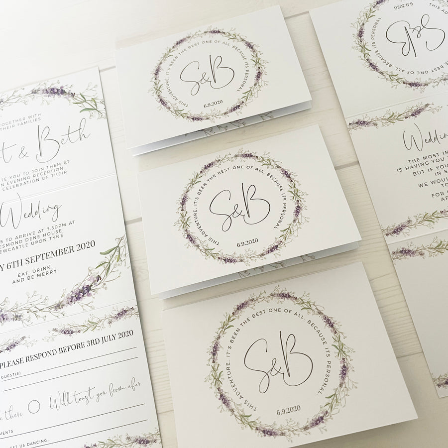 Gypsophila and Lavender on White Floral Concertina Wedding Invitations