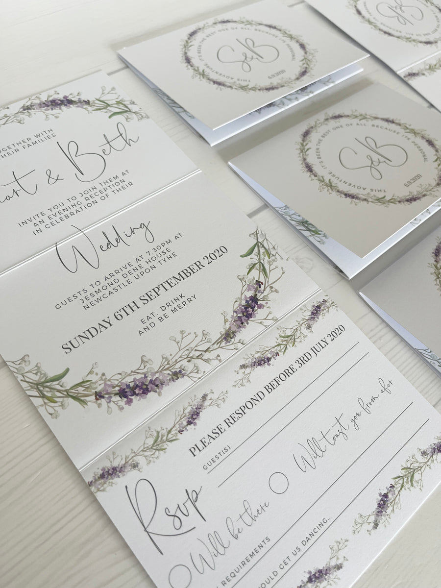 Gypsophila and Lavender on White Floral Concertina Wedding Invitations