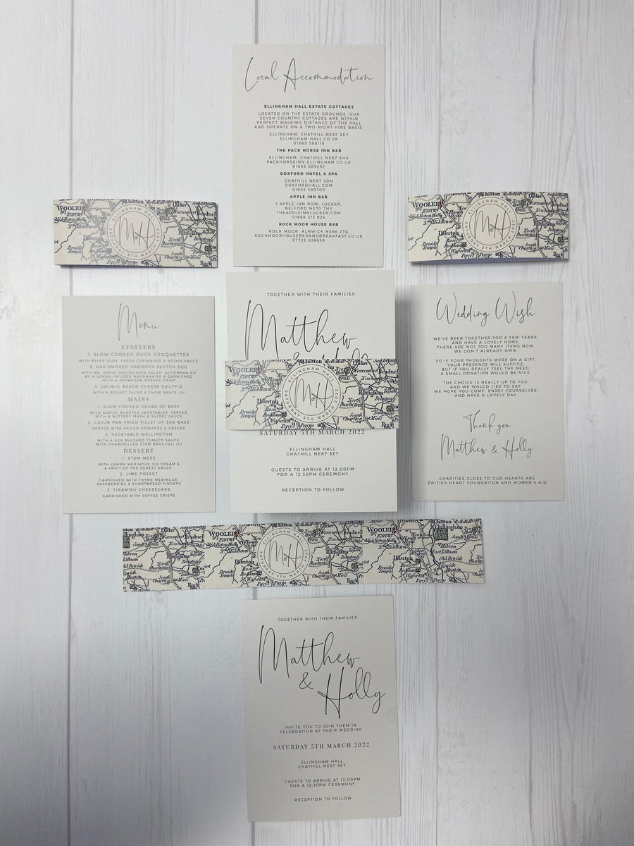 Cream and Grey WIth Vintage Northumberland Map Wedding Invitations