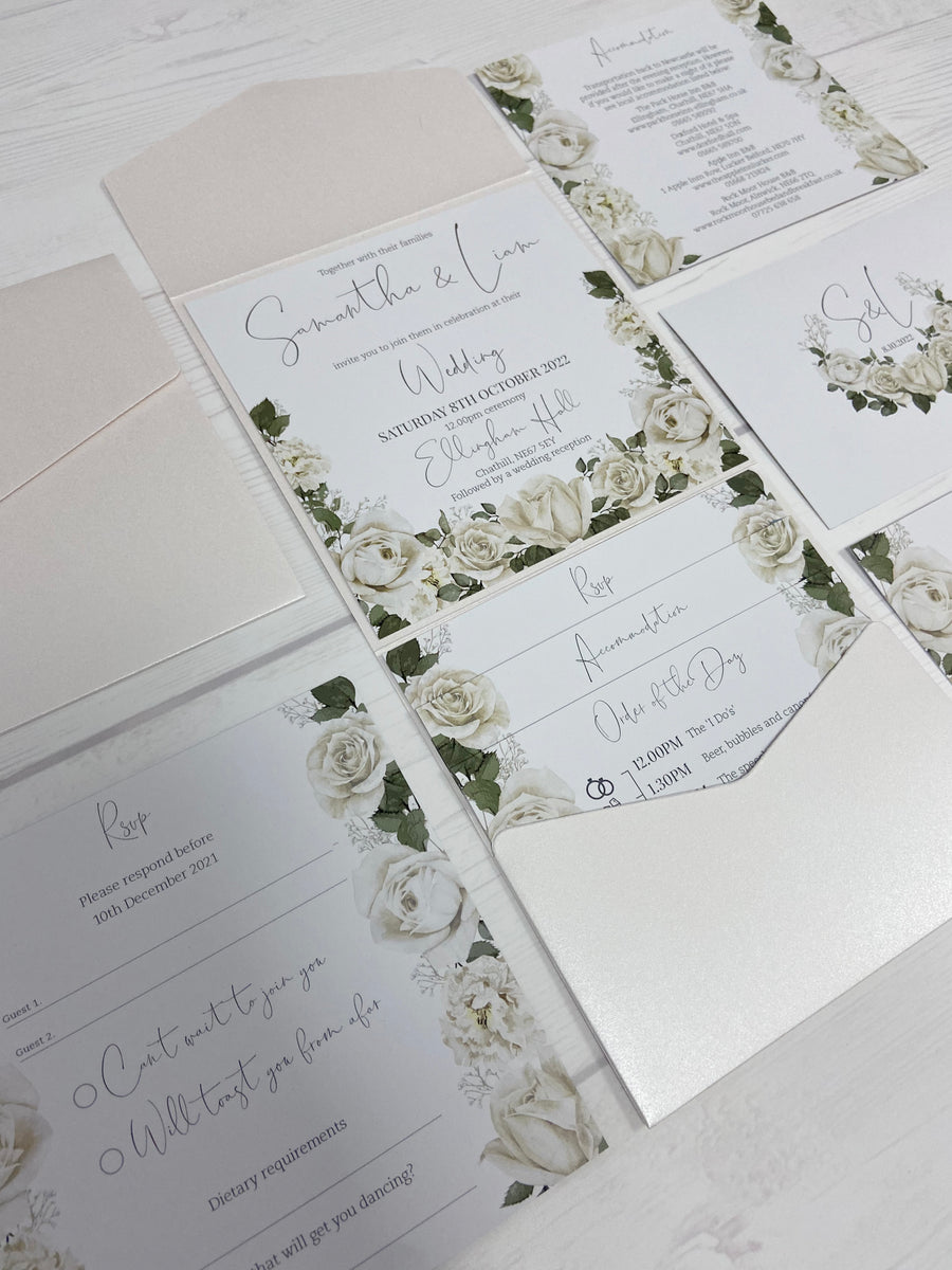 White Roses and Foliage Sqaure Pocketfold Wedding Invitation