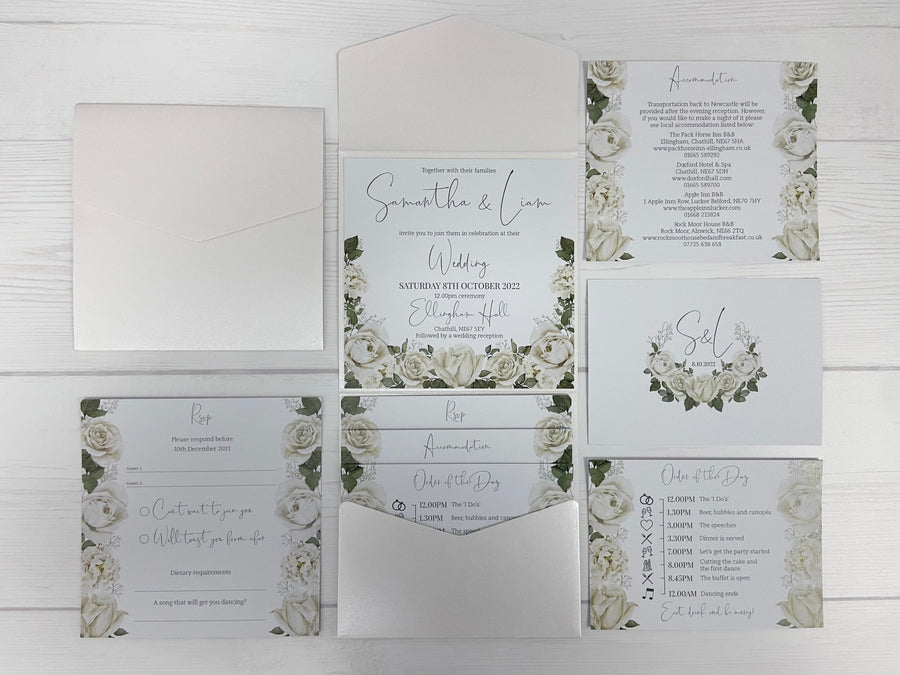 White Roses and Foliage Sqaure Pocketfold Wedding Invitation