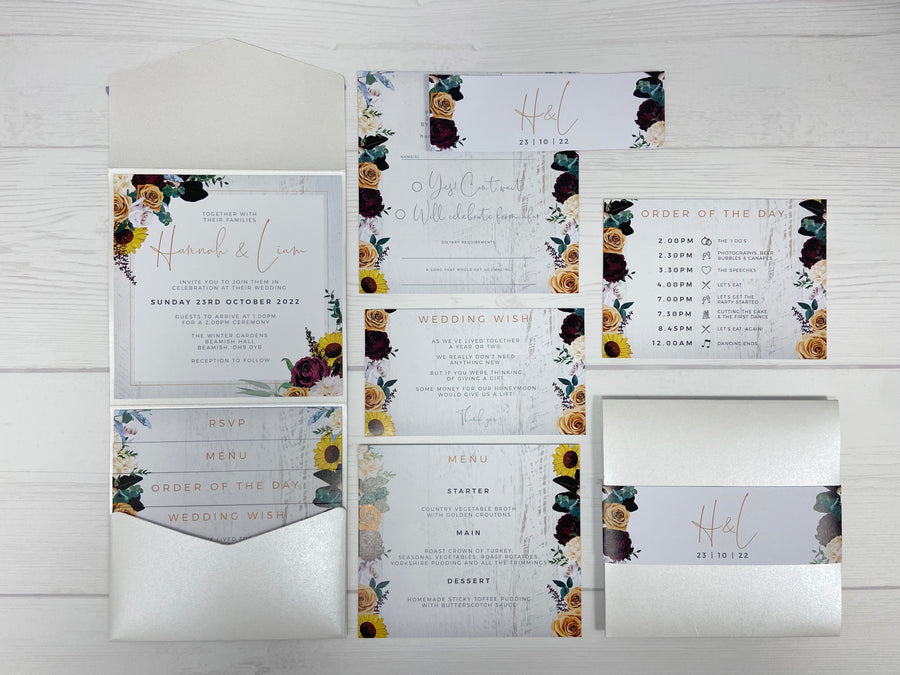 White Rustic Autumn Tones and Sunflower with Wood Texture Pocketfold Wedding Invitation