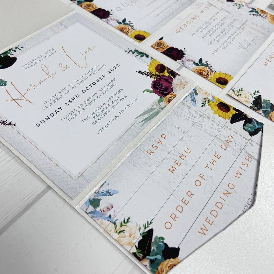 White Rustic Autumn Tones and Sunflower with Wood Texture Pocketfold Wedding Invitation