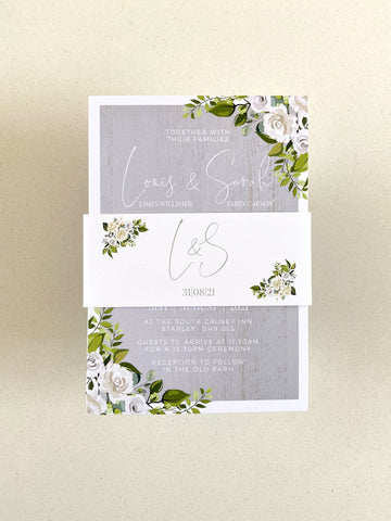 White Roses, Foliage & Grey Wood Wedding Invitations