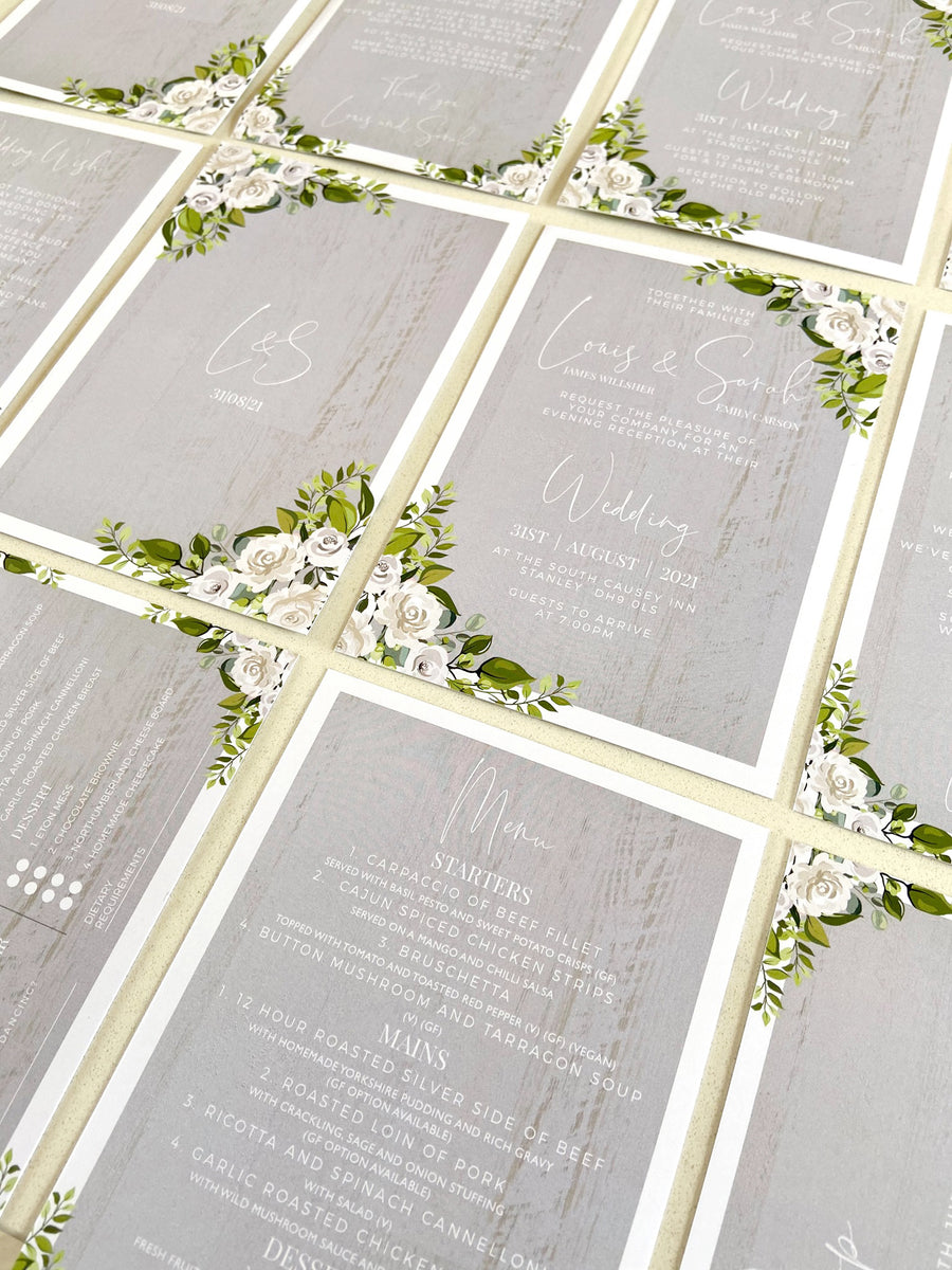 White Roses, Foliage & Grey Wood Wedding Invitations