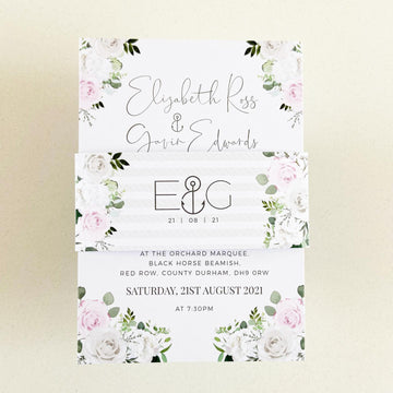 White and Light Pink Roses, Foliage & Grey Trim Wedding Invitations