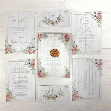 Rustic Boho Flowers, White Wood ,Copper and Dusky Pink Wedding Invitations