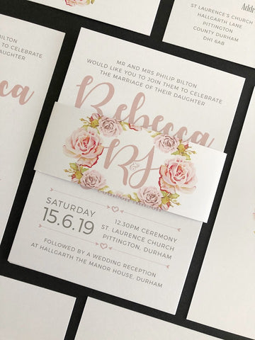 Dusky Pink Roses, Foliage & White Simple Wedding Invitations